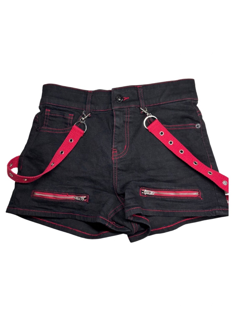 Hot Topic Black Jean Shorts suspenders Red Stitching 3 zippers punk emo goth